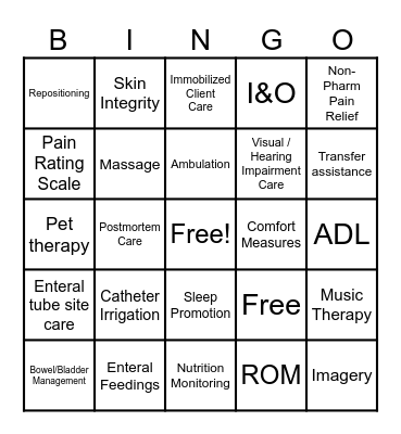 Basic Care and Comfort Bingo Card