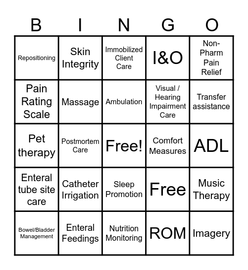Basic Care and Comfort Bingo Card