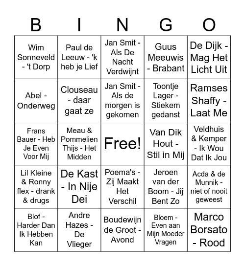 Nederlandstalige Muziek Bingo Card