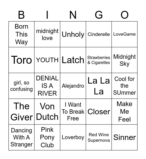 Queer Pop Bingo Card