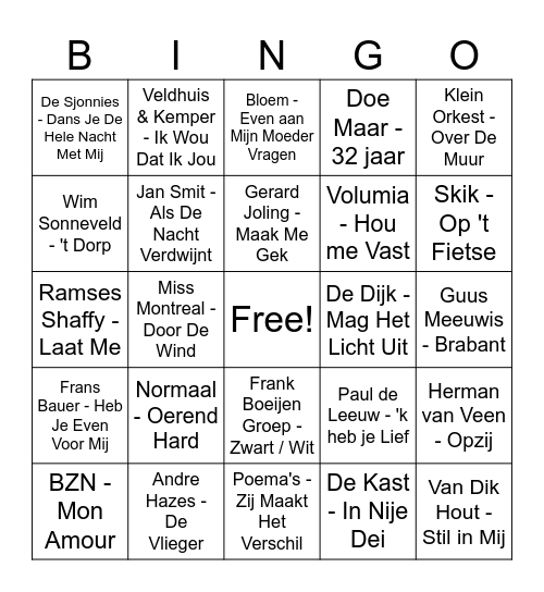 Nederlandstalige Muziek Bingo Card