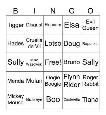 Disney Character Bingo Card