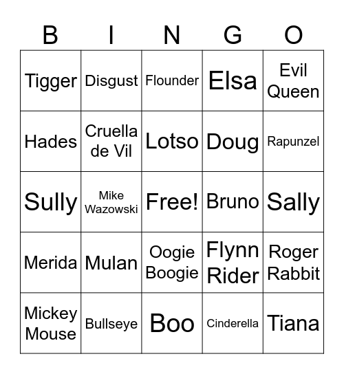 Disney Character Bingo Card