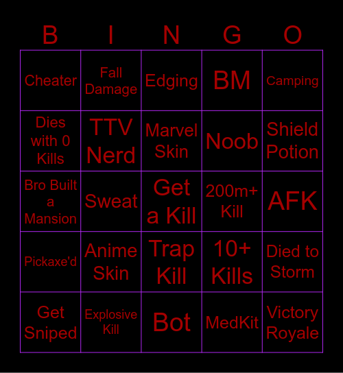 Fortnite Bingo Card