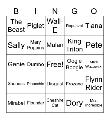 Disney Character Bingo Card