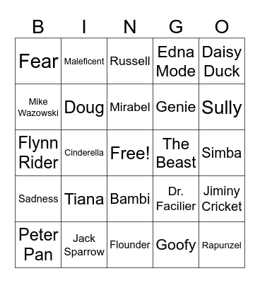 Disney Character Bingo Card