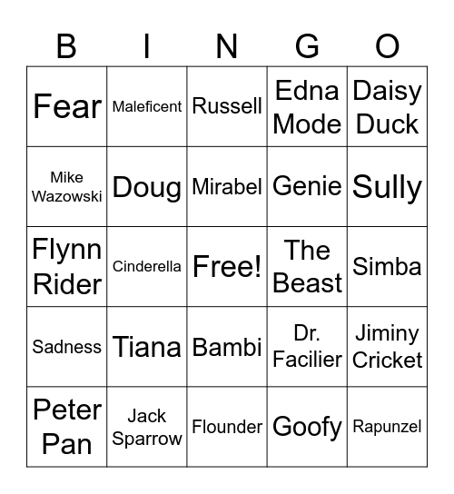 Disney Character Bingo Card