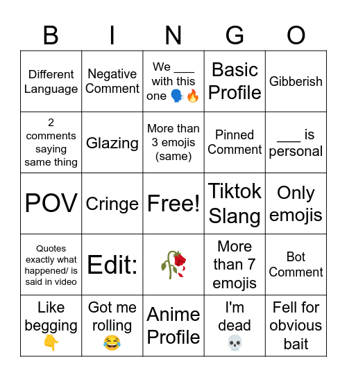 Yt shorts comments Bingo Card