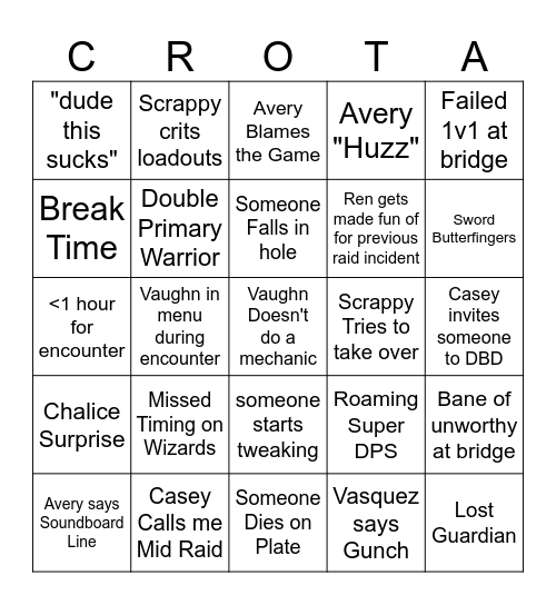Crota Bingo Card