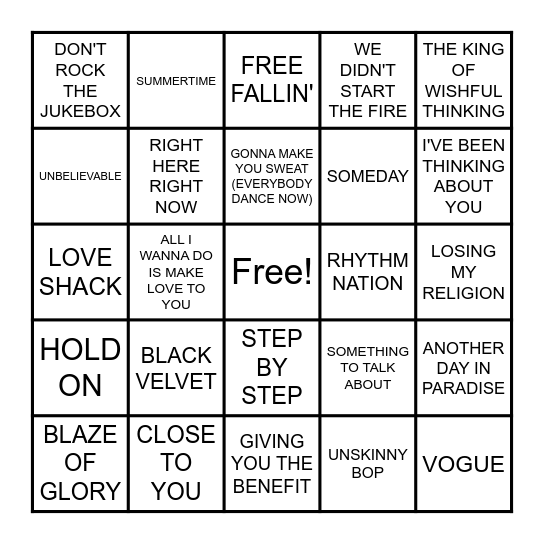 HITS FROM 1990 & 1991 Bingo Card