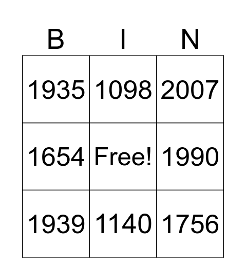 Years Bingo Card