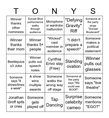 2025 Tony Awards Bingo Card