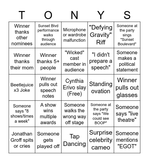 2025 Tony Awards Bingo Card