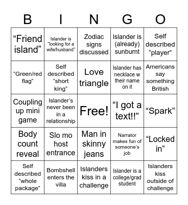 Love Island Premiere! Bingo Card