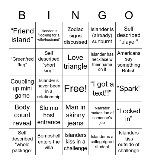 Love Island Premiere! Bingo Card