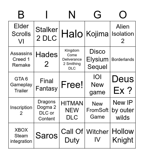 Summer Game Fest Bingo Card