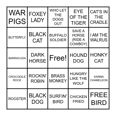HITS WITH ANIMALS IN THE NAME Bingo Card