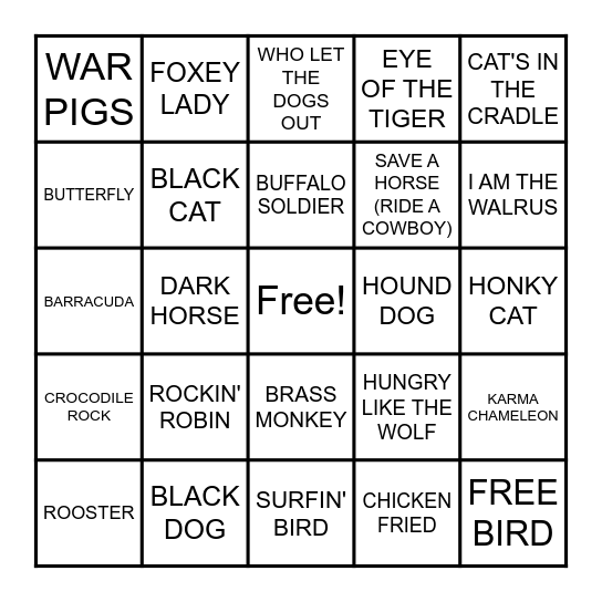 HITS WITH ANIMALS IN THE NAME Bingo Card