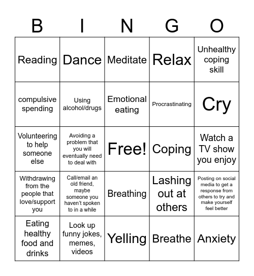 Coping Bingo Card