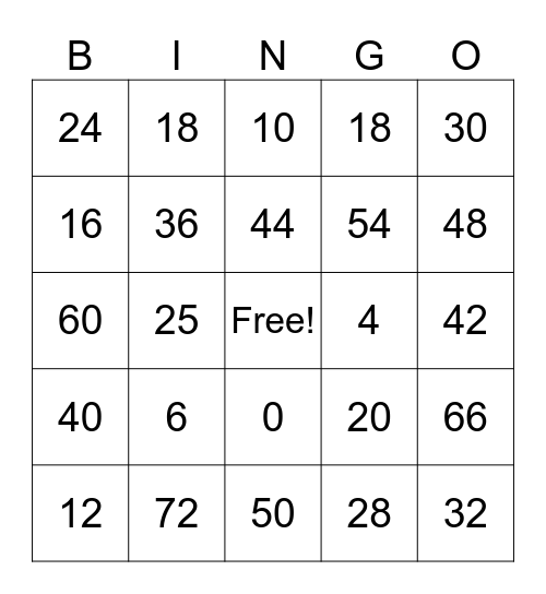 Multiplication 4s, 5s, and 6s! Bingo Card