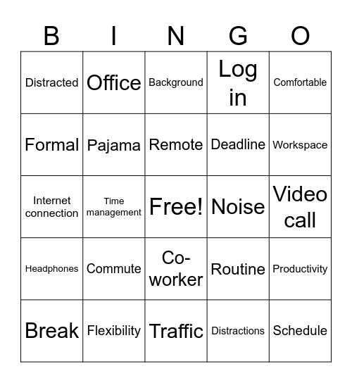 Working from home Bingo Card