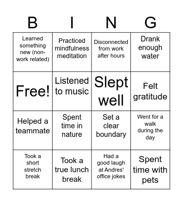 Energy Boost Activities Bingo Card
