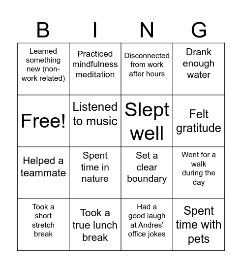 Energy Boost Activities Bingo Card