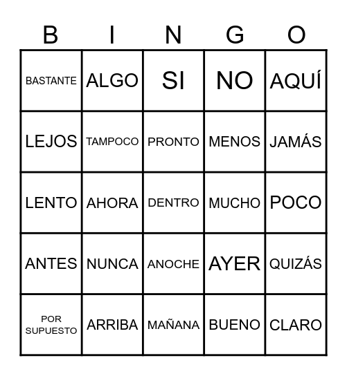 LOS ADVERBIOS Bingo Card