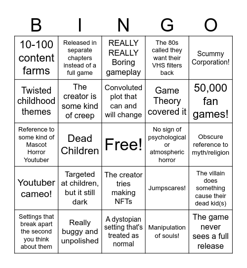 Mascot Horror Bingo Card
