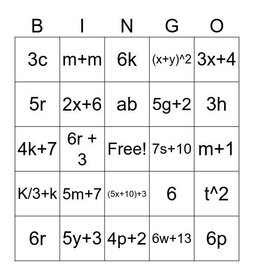 Expresiones Algebraicas Bingo Card