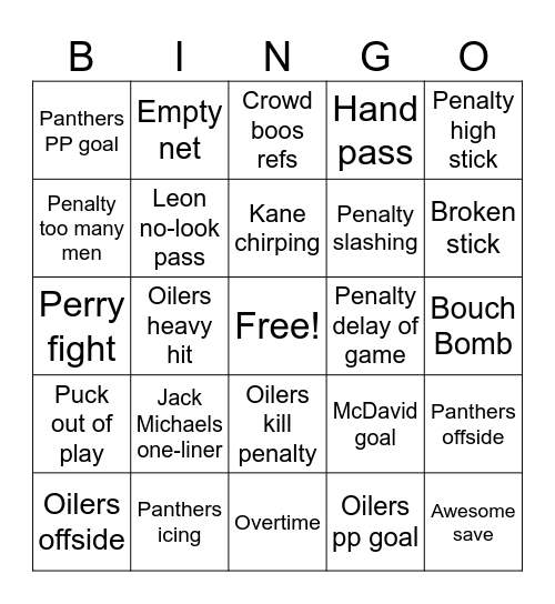 Oilers Bingo Card