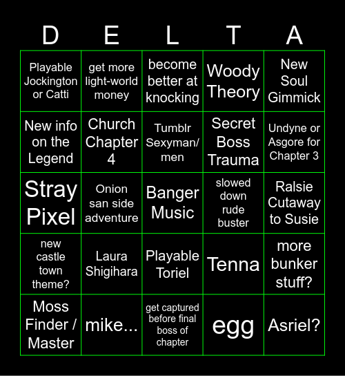 Deltarune Chapters 3 & 4 Bingo Card