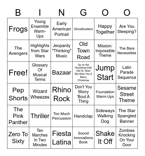 7th Grade Band Bingo Card