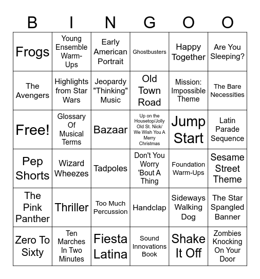 7th Grade Band Bingo Card