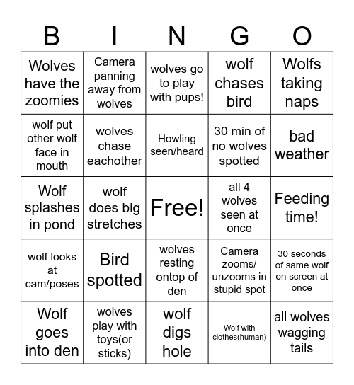 Wolf Watch Bingo Card