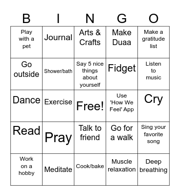 Coping Skills Bingo Card