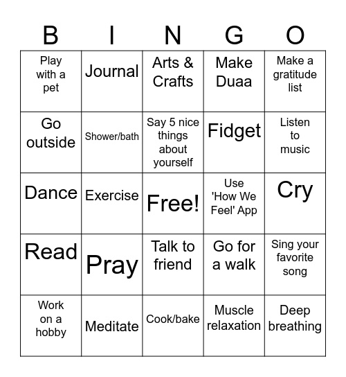 Coping Skills Bingo Card