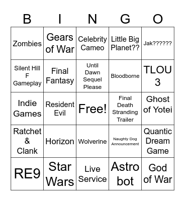 Sony State of Play Bingo Card