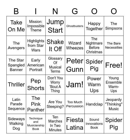 7th Grade Band Bingo Card