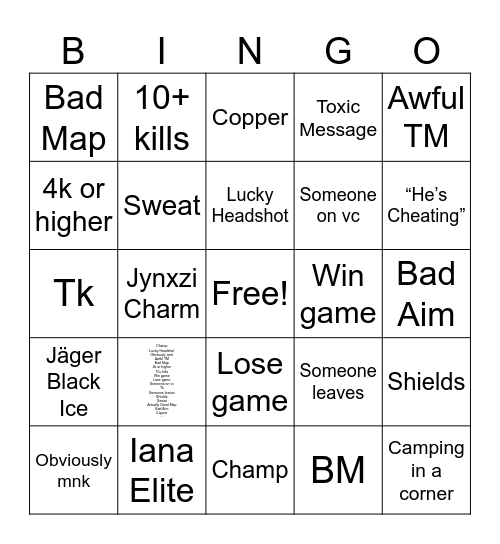 R6 Bingo Card