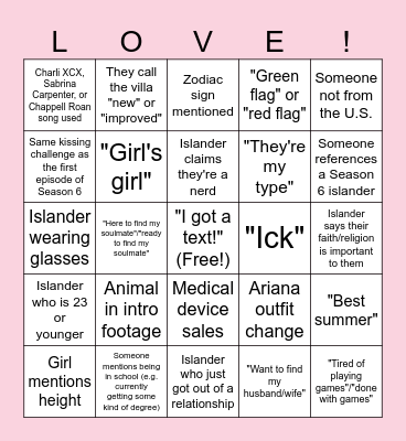 Love Island USA Season 7 Bingo Card