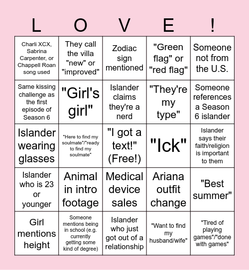 Love Island USA Season 7 Bingo Card