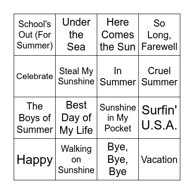Summer Songs Bingo Card