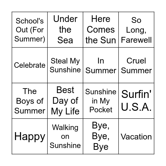 Summer Songs Bingo Card
