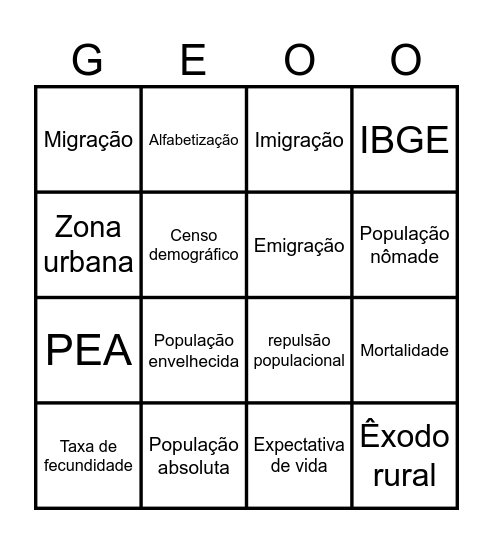BINGO TAXAS POPULACIONAIS Bingo Card