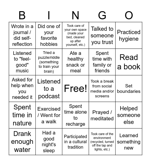 RISE: Self-Care Bingo Card