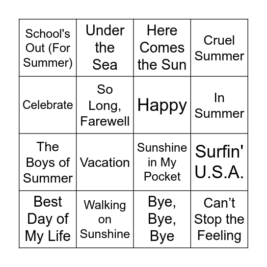 Summer Song BINGO Card