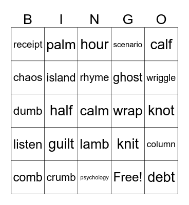 Silent Letters Bingo Card