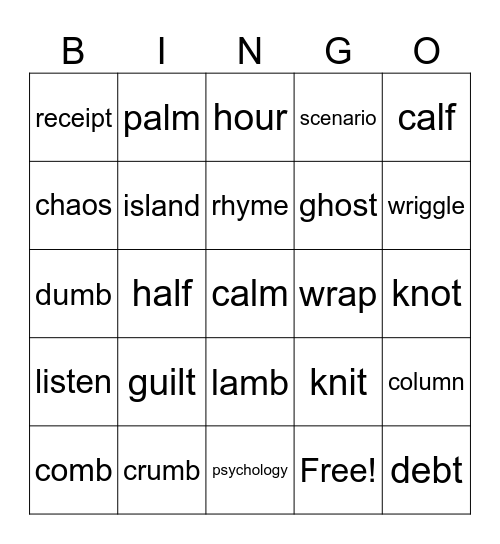 Silent Letters Bingo Card
