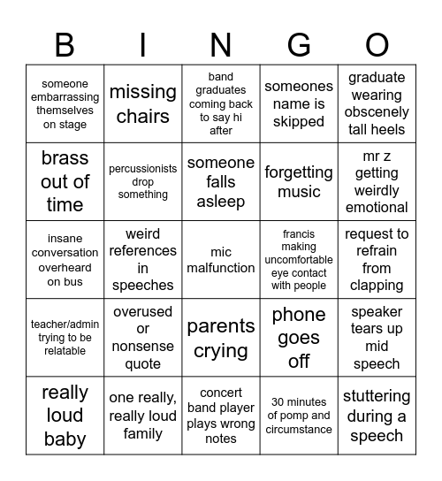 WSHS Band Bingo Card